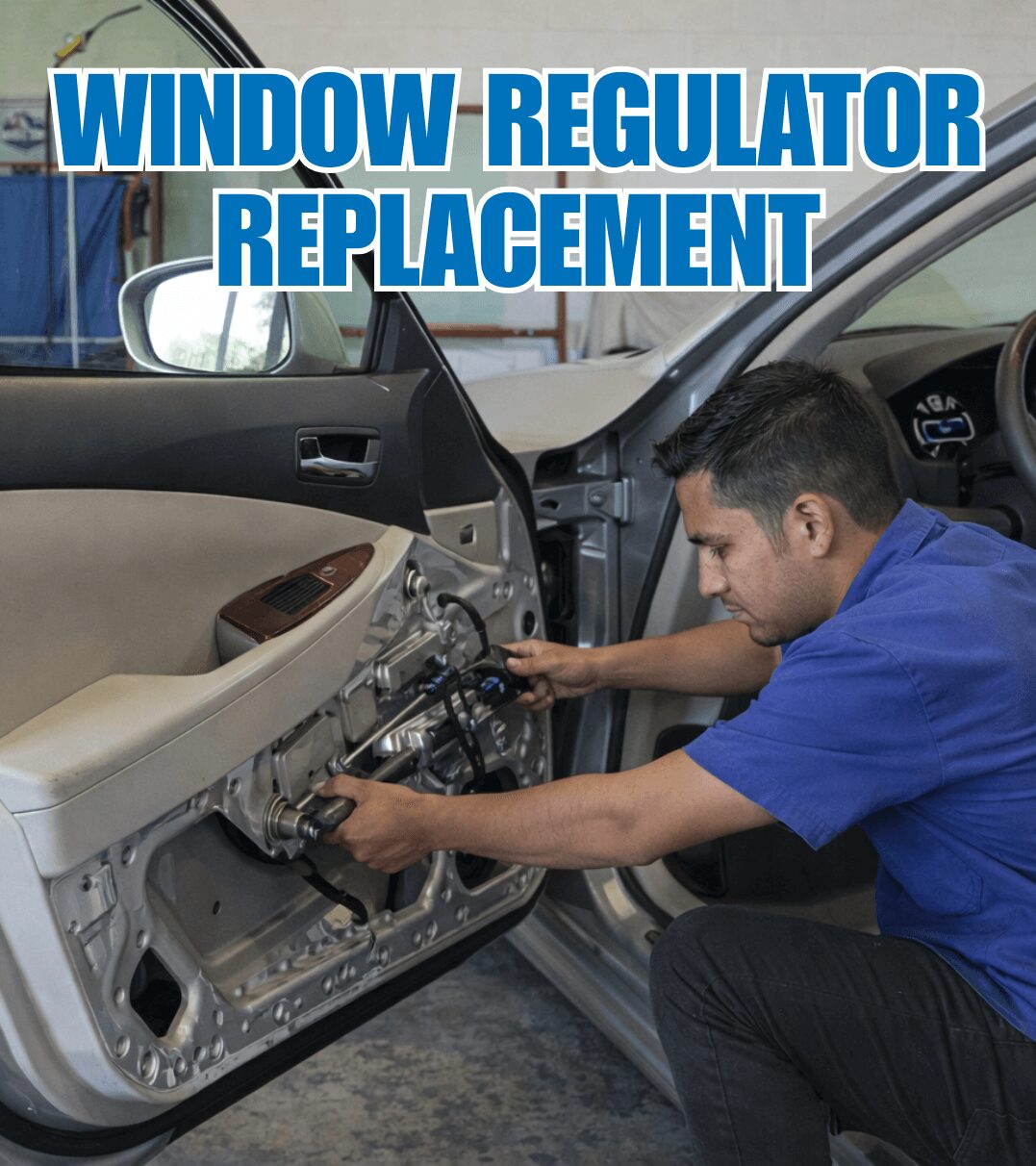 Hispanic male auto glass technician installing a window regulator on a Lexus inside the Tint Plus Auto Glass shop in Hanford, California